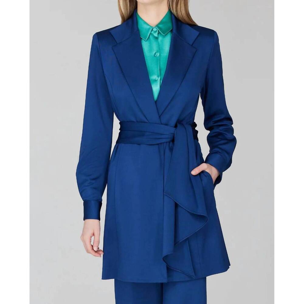 NEW MI JONG LEE matte jersey trench coat with belt in blue thistle jz
